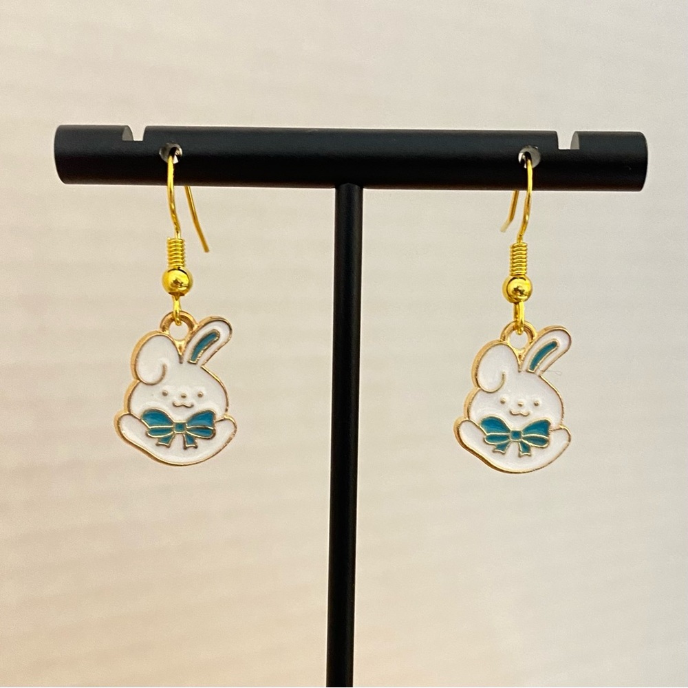 Bunny with Blue Accent Earrings Gold Tone - Picture 1 of 3